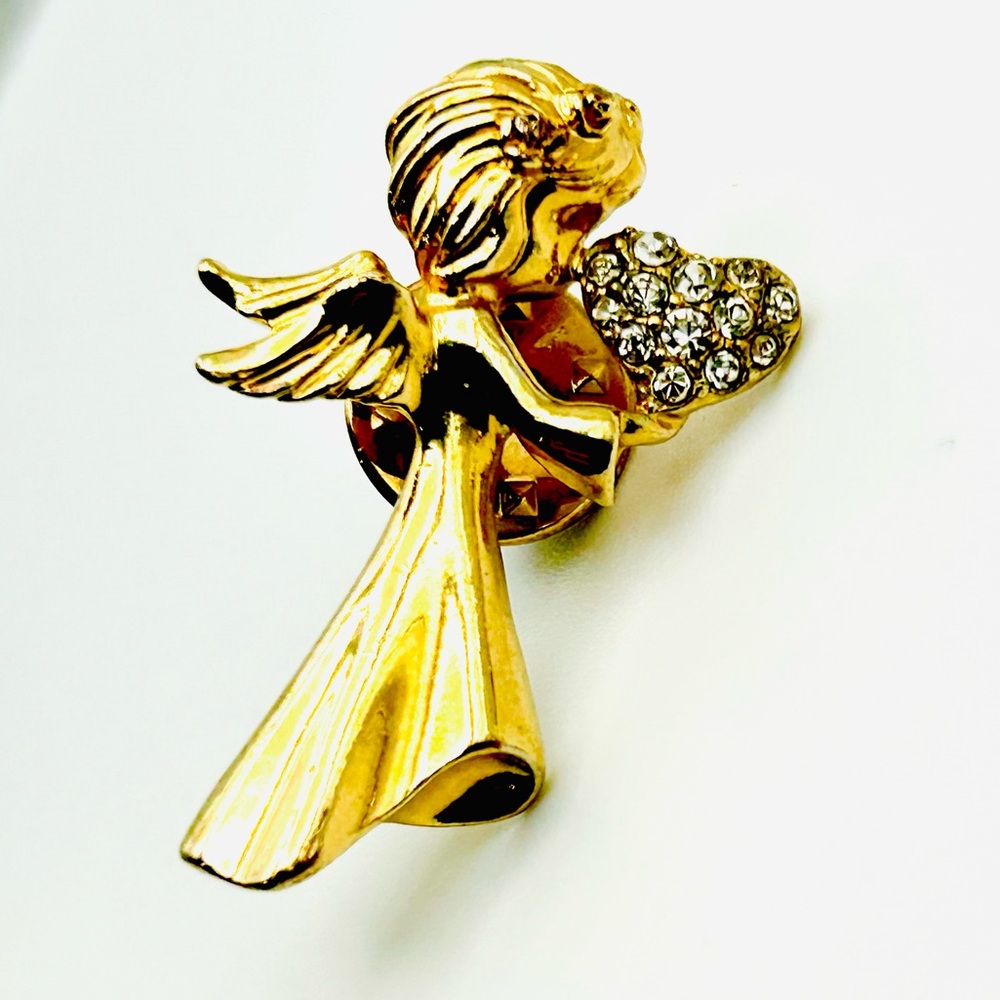 Vintage Signed Guardian Angel Christmas Brooch Pin With Rhinestone Heart